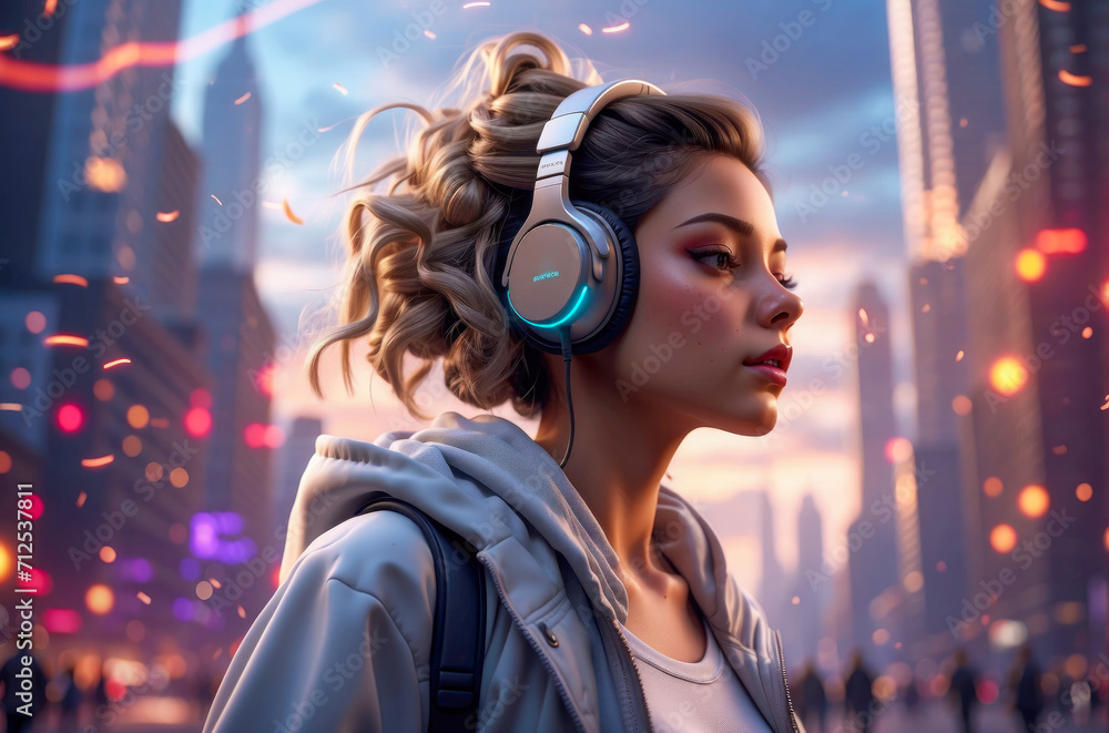 a mental woman is wearing headphones and looking off into the distance. She has curly blonde hair and is wearing a grey hoodie. The background shows a Futuristic city with tall buildings and a skyline a mental woman is wearing headphones and looking off into the distance. She has curly blonde hair and is wearing a grey hoodie. The background shows a Futuristic city with tall buildings and a skyline