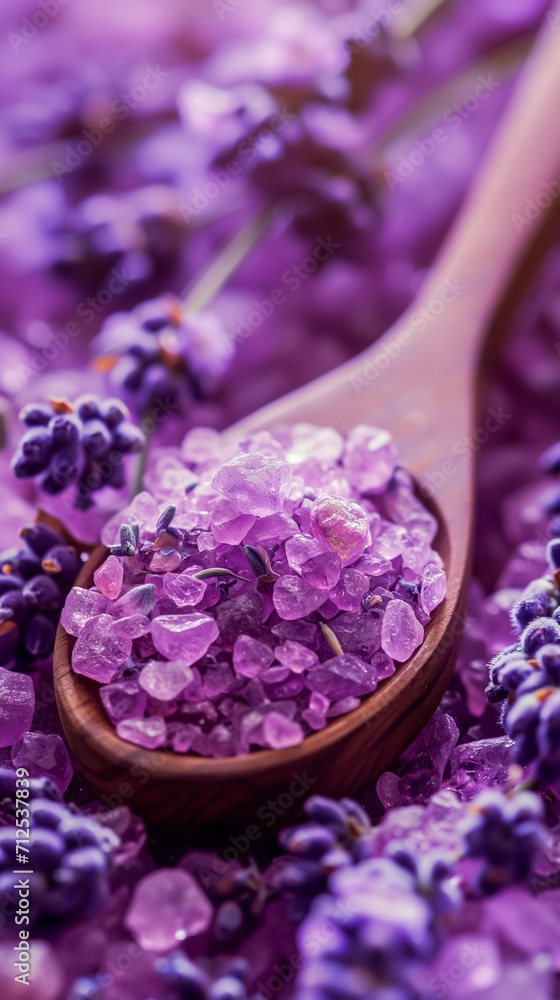 Lavender-infused sea salt crystals in a wooden spoon, surrounded by fresh lavender flowers. Calming and aromatic. Lavender-infused sea salt crystals in a wooden spoon, surrounded by fresh lavender flowers. Calming and aromatic.