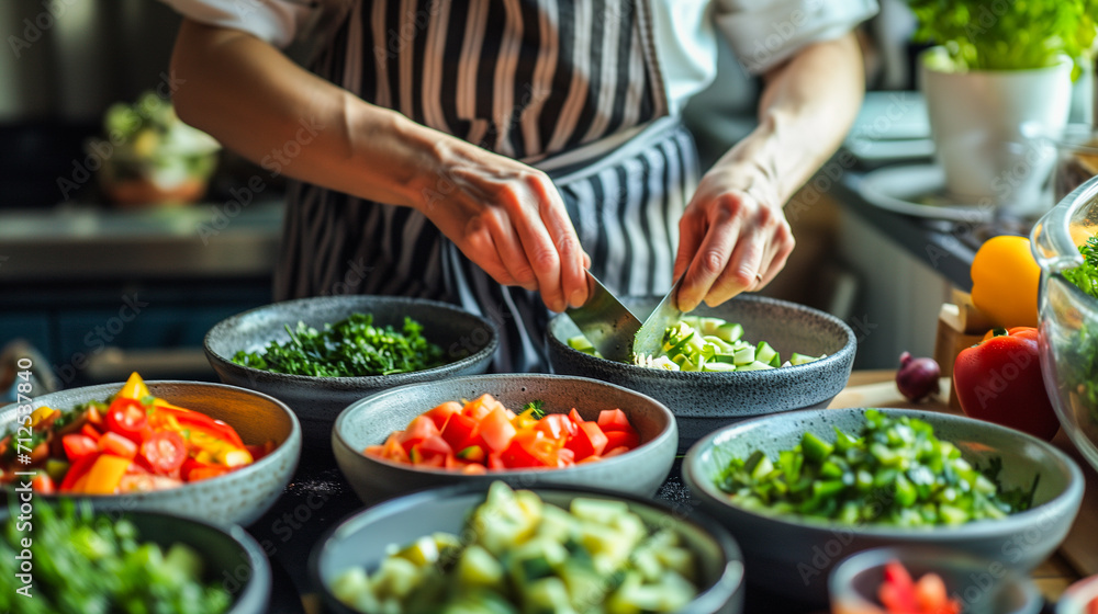 In a well-lit kitchen, a chef chops fresh vegetables. The vibrant scene features an array of colorful, freshly cut veggies in bowls, creating an appetizing atmosphere.