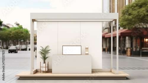A 3D rendering of a white kiosk. © PhornpimonNutiprapun