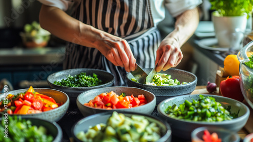 In a well-lit kitchen, a chef chops fresh vegetables. The vibrant scene features an array of colorful, freshly cut veggies in bowls, creating an appetizing atmosphere.
