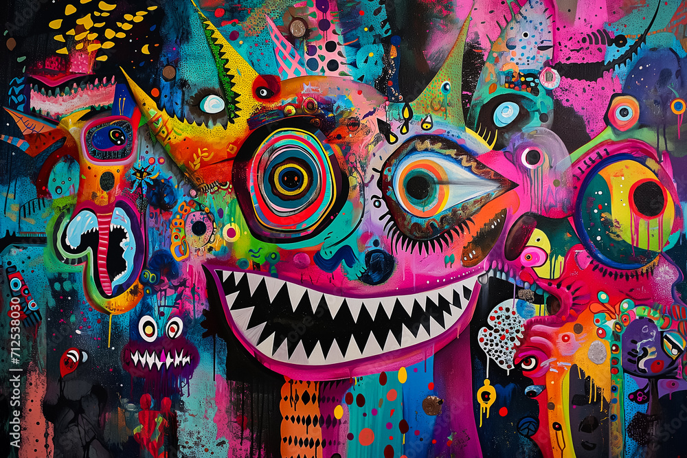 Abstract monstrous faces with large eyes and sharp teeth, splashes of pink paint on a dark backdrop. 
