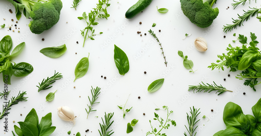 Fresh green herbs and vegetables including basil, rosemary, parsley, broccoli, cucumber, and garlic cloves scattered artistically on a white background. Black peppercorns are sprinkled around. - obrazy, fototapety, plakaty 