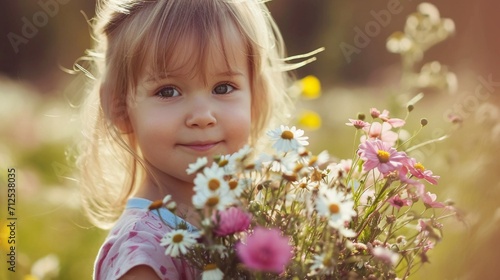 Innocent child holding a bouquet of wildflowers, adding a touch of nature to their joyful Easter celebration