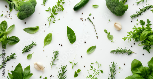 Fresh green herbs and vegetables including basil, rosemary, parsley, broccoli, cucumber, and garlic cloves scattered artistically on a white background. Black peppercorns are sprinkled around.