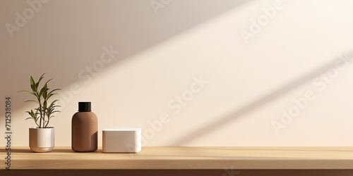 Presentation mock-up for branding various products, with an empty table against a bright brown wall background, featuring a composition with a window shadow and wooden table.