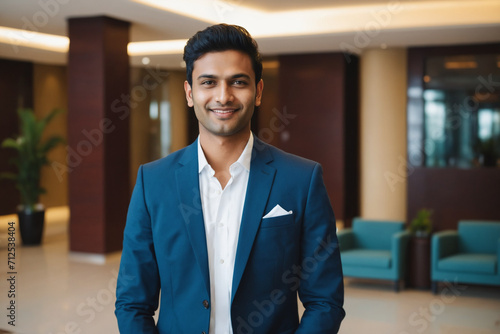 young age south asian businessman standing in modern hotel lobby photo