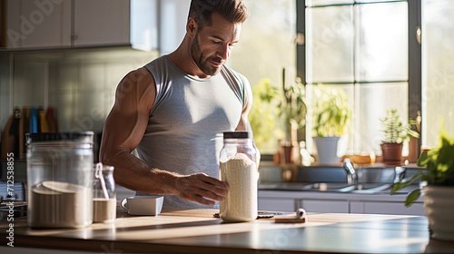 Muscular man with a jar of protein or gainer powder at home in the kitchen. Concept of sports nutrition and recovery after training in the gym. photo