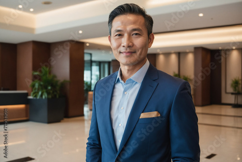 middle age southeast asian businessman standing in modern hotel lobby