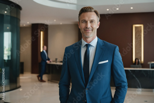 middle age caucasian businessman standing in modern hotel lobby