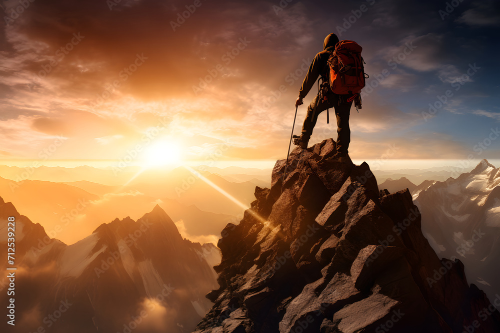 mountain climber reaching the summit. Image of young man mountaineer standing atop of rock . mountain climber reaching the summit. Image of young man mountaineer standing atop of rock .