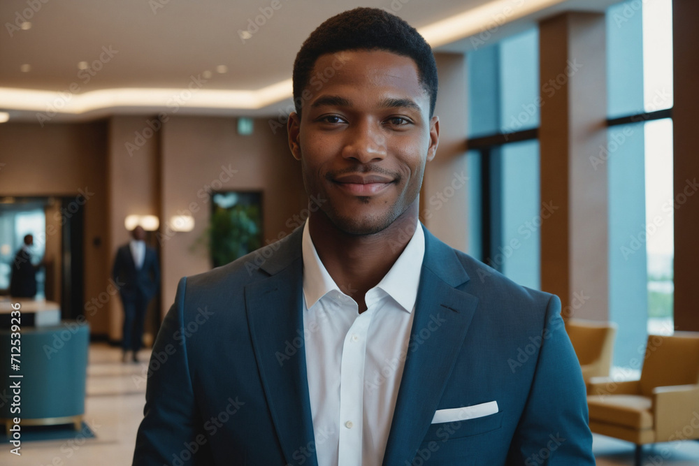 Fototapeta premium young age black businessman standing in modern hotel lobby