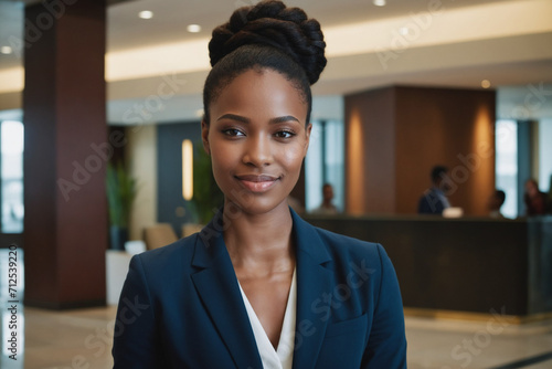 young age black businesswoman standing in modern hotel lobby photo