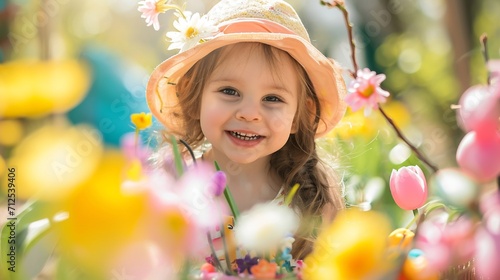 Sweet child enjoying a sunny Easter day, surrounded by blooming flowers and colorful decorations