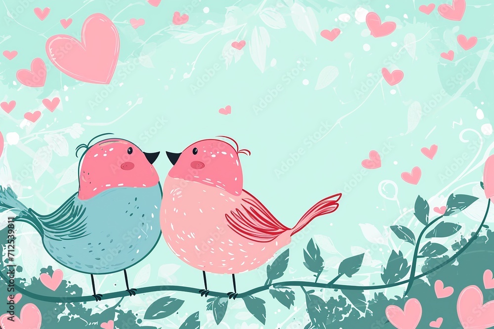 Lovebirds and Hearts in Playful Cartoon Style

