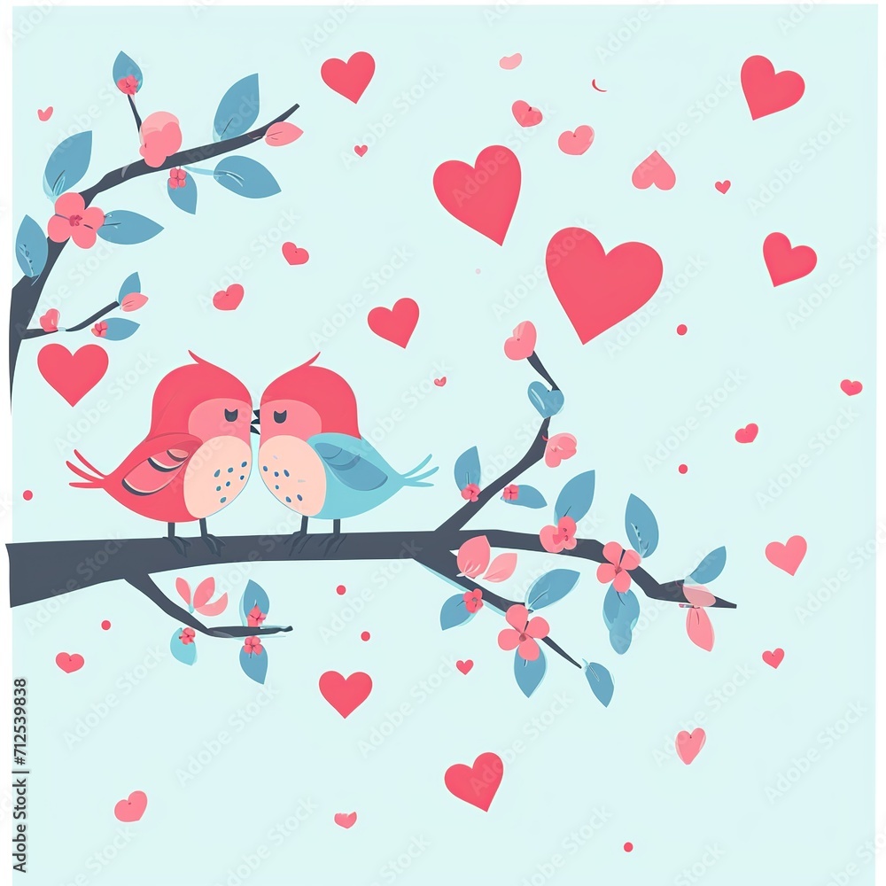 Lovebirds and Hearts in Playful Cartoon Style

