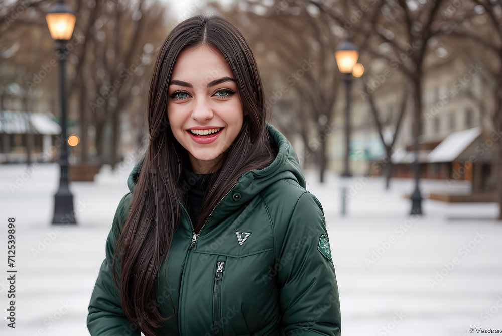 Fototapeta premium beautiful woman winter clothes walk snow mountains. . Generative AI