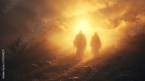 Road to Emmaus: Biblical Scene with Subtle Glowing Jesus

