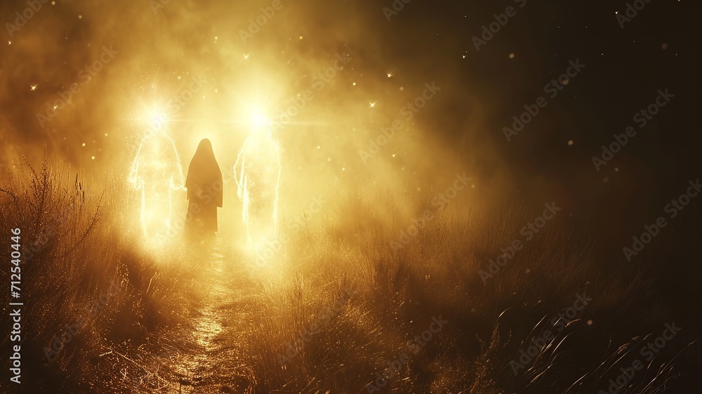 Obraz premium Road to Emmaus: Biblical Scene with Subtle Glowing Jesus