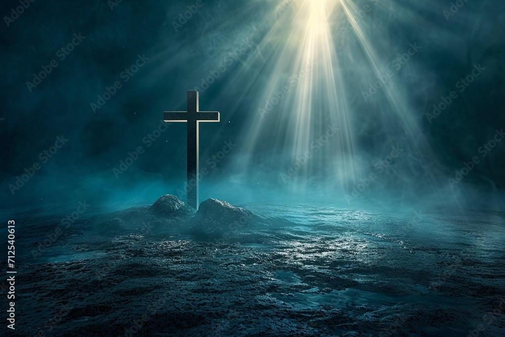 Naklejka premium Resurrection Might: Cross and Open Grave with Radiant Light