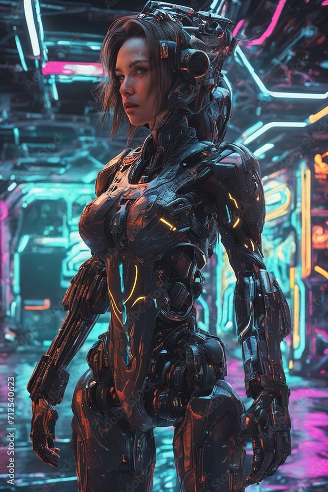 Cyber Warrior in Neon Futuristic Cityscape