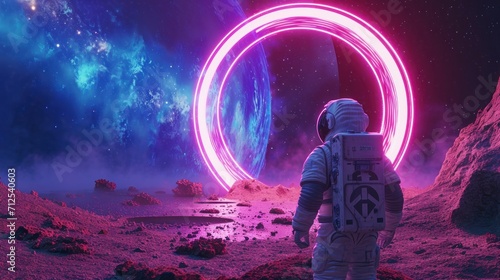 astronaut walking to a neon portal on another planet in high definition and QUALITY