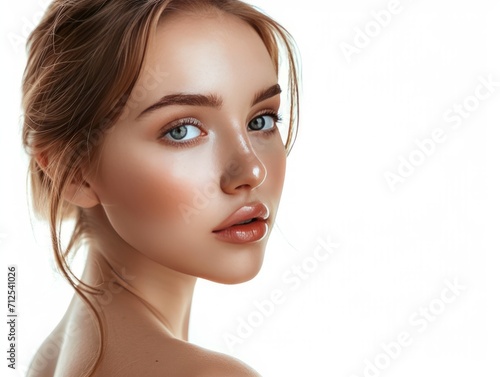 Portrait of young beautiful woman with perfect smooth skin isolated over white background. Tenderness and sensuality. Concept of natural beauty, plastic surgery, cosmetology, cosmetics, skin care