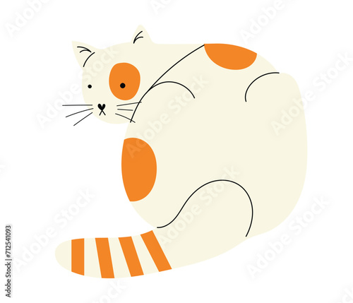 Сute white cat with ginger spots sitting, view from behind. Hand drawn vector illustration in flat design