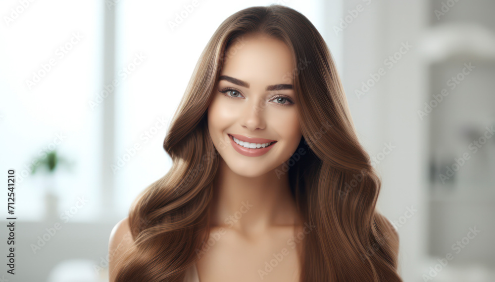 Elegant Beauty: Fashionable Model with Curly Hairstyle, Healthy Skin, and Glamorous Makeup - Banner of Wellness, Elegance, and Natural Charm in a Studio Setting