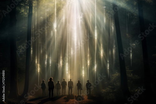 light rays apparition in the fog of a forest, spirituality concept photo