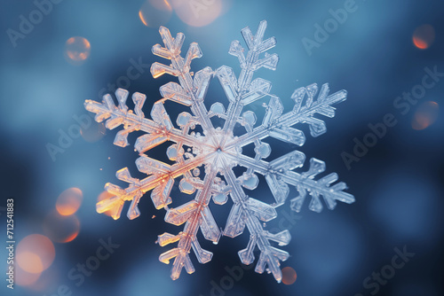 macro photography of falling snowflake on blue defocused bokeh background photo