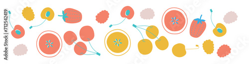 Appetizing fruit and berries collection. Decorative abstract horizontal banner with colorful doodles. Hand-drawn modern illustrations with fruit and berries, abstract elements. Abstract series