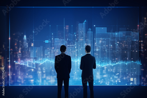 successful business people in skyscraper looking at futuristic screen showing datas 