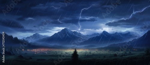 Spidery lightning illuminates a stormy valley night.