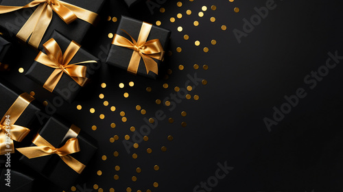 Elegant Celebration: Top View Photo of Black Gift Boxes with Ribbon Bow, Golden Confetti on Isolated Black Background - Perfect for Special Occasions, Holidays, and Luxury Gift Giving