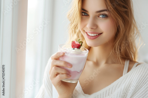 Young attractive woman eating tasty healthy yogurt at home.