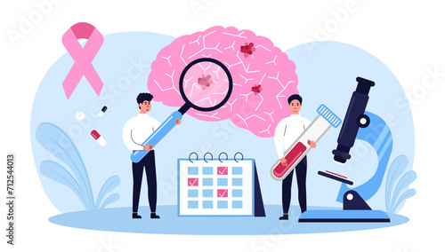 Oncologist. Cancer disease diagnostic and treatment. Oncology chemotherapy, biopsy, tumor removal surgery. Doctors conduct an examination of the brain for cancer cells. Vector illustration.