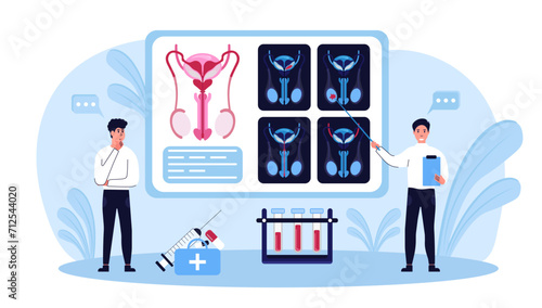Nephrology, urology. Urinary Tract Infection, UTI Medical Concept. Doctors analyze the MRI results and determine the type of disease. Vector illustration
