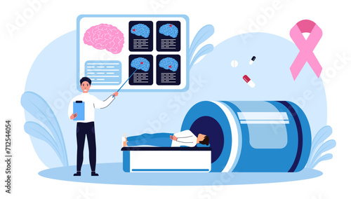 Oncologist. Cancer disease diagnostic and treatment. Oncology chemotherapy, biopsy, tumor removal surgery. An oncologist will perform an MRI and analyze the images obtained. Vector illustration.