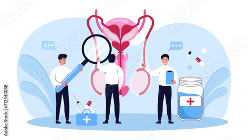 Nephrology, urology. Urinary Tract Infection, UTI Medical Concept. Doctors are looking for the cause of the disease of the male reproductive and urinary systems  Vector illustration
