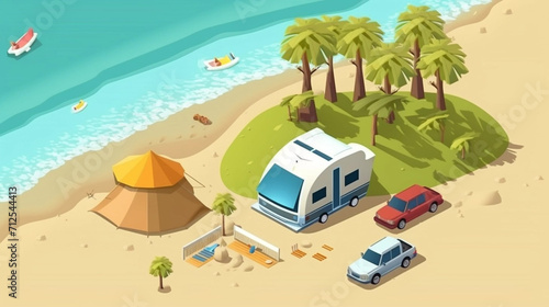 copy space, Illustration vector graphic of summer holiday concept, camping on the beach.Isometric style. Holiday summer theme. Travel destination in the tropics. Adventure with tent on the beach.