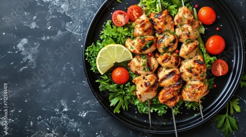 Chicken tikka kebab on skewers with parsley and cherry tomatoes