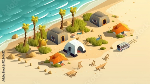 copy space, Illustration vector graphic of summer holiday concept, camping on the beach.Isometric style. Holiday summer theme. Travel destination in the tropics. Adventure with tent on the beach.
