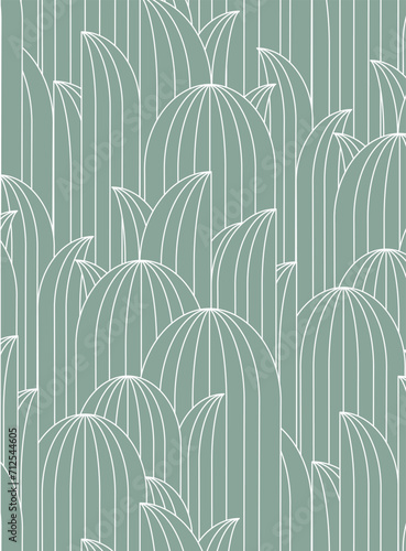 Art deco oval leafy geometrical seamless pattern drawing in turquoise palette. photo