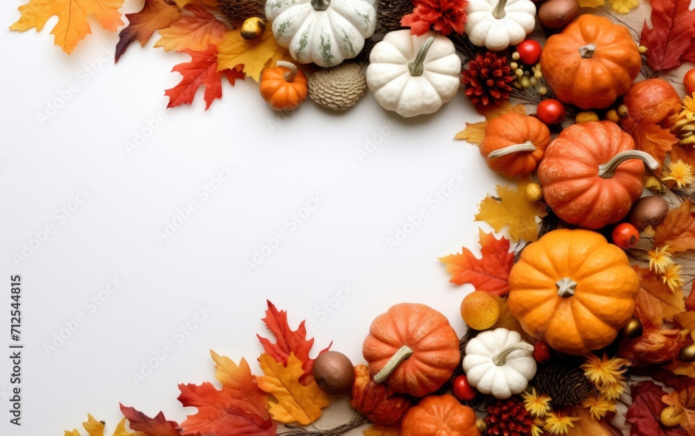 Fototapeta premium Various fresh ripe pumpkins with dry maple leaves isolated white background, top view photo with copy space