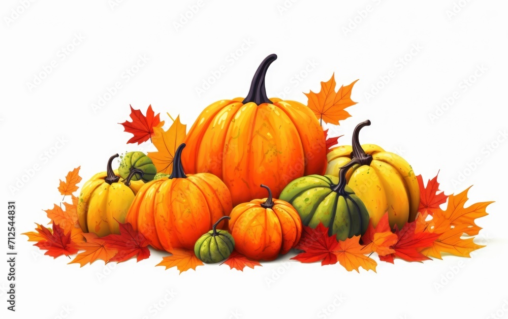 Various fresh ripe pumpkins with dry maple leaves isolated white background, top view photo with copy space Various fresh ripe pumpkins with dry maple leaves isolated white background, top view photo with copy space