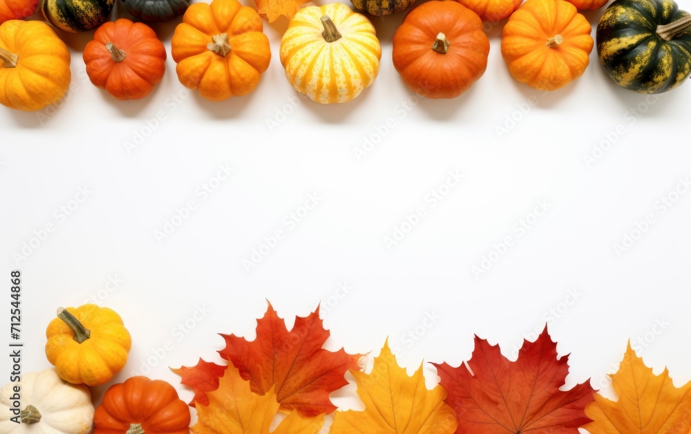 Various fresh ripe pumpkins with dry maple leaves isolated white background, top view photo with copy space Various fresh ripe pumpkins with dry maple leaves isolated white background, top view photo with copy space