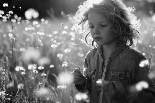 Serene Monochrome Portrait of a Young Child Contemplating Nature Among Dandelions. Generative AI