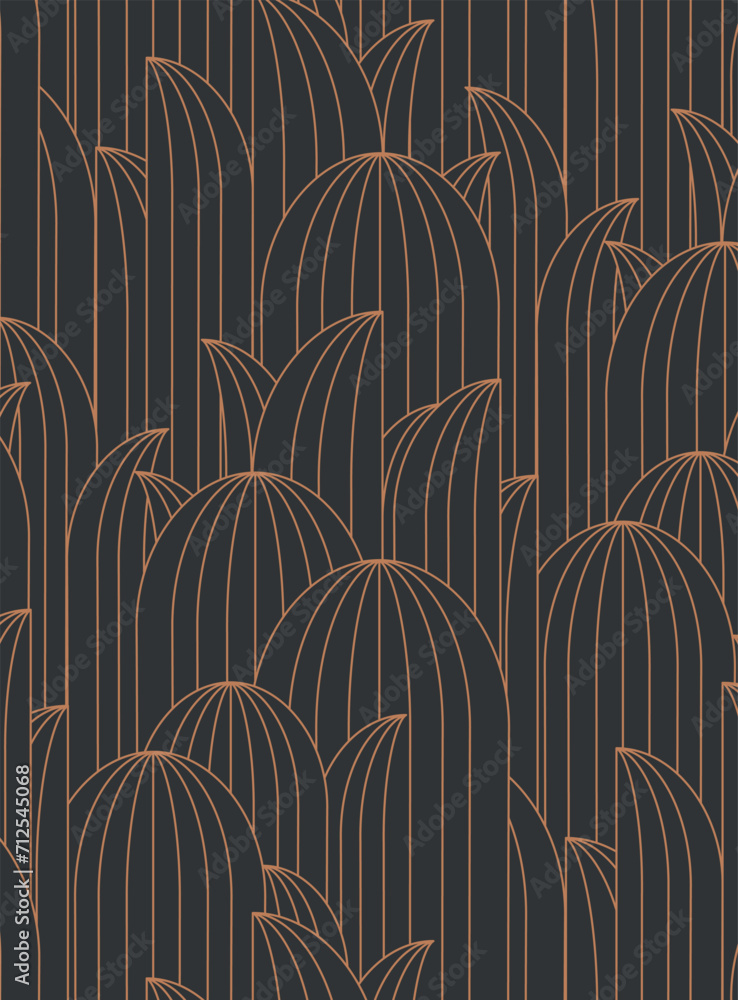 Art deco oval leafy geometrical seamless pattern drawing in dark brown palette.