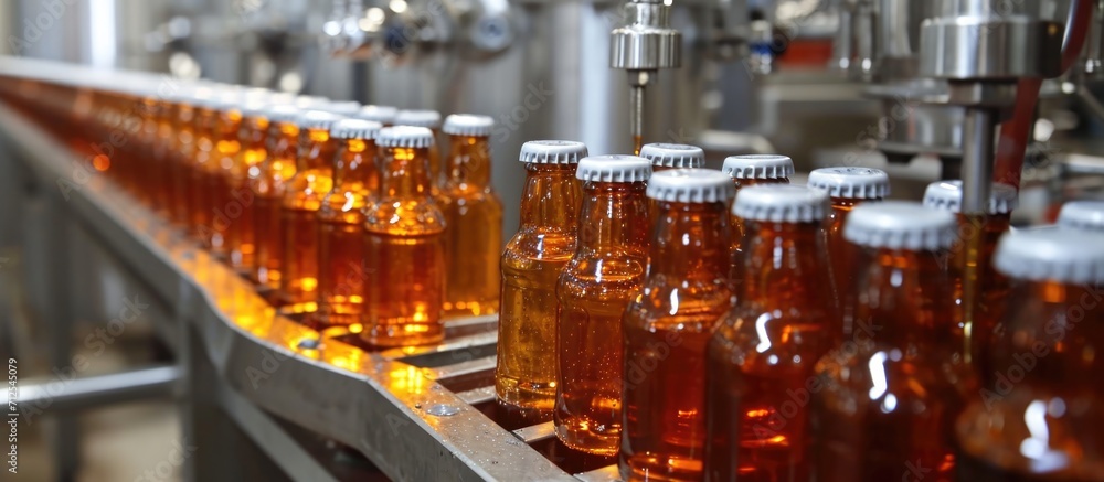Beer bottling machine in action at the brewery.